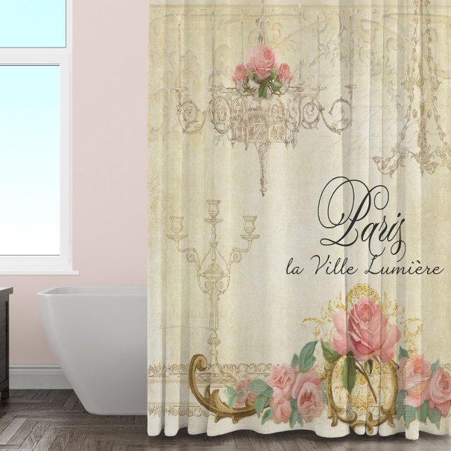 Parchment Romance Roses Paris Parisian Chandelier Shower Curtain (Creator Uploaded)