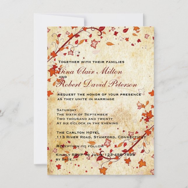 Parchment Swirls Maple Leaves Vintage Fall Wedding Invitation (Front)