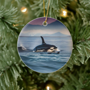 Parental Bliss: Mummy And Baby Orcas In The Ocean, Ceramic Ornament