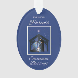 Parents Christmas Blessings Manger on Blue Ornament