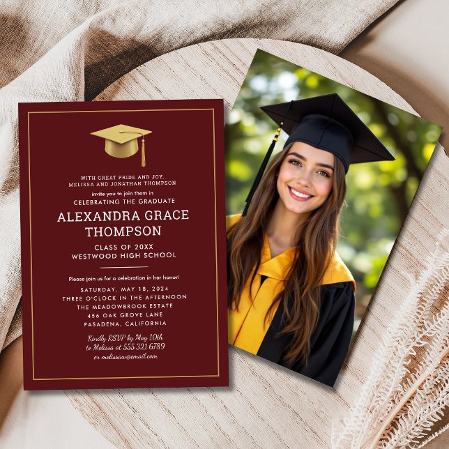 Parents Names Photo Burgundy Gold Graduation Invitation (Creator Uploaded)
