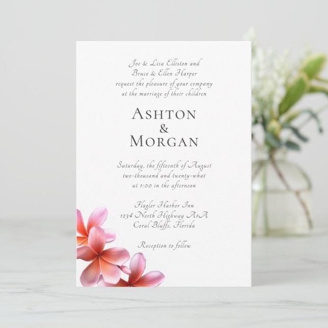 Parents Names Pink Frangipani Wedding Invitation (Standing Front)