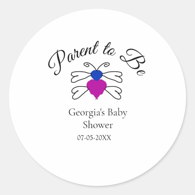 Parents to be blue pink baby shower honey bee text classic round sticker (Front)