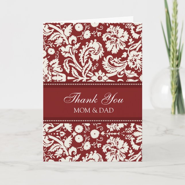Parents Wedding Day Thank You Coral Red Damask (Front)