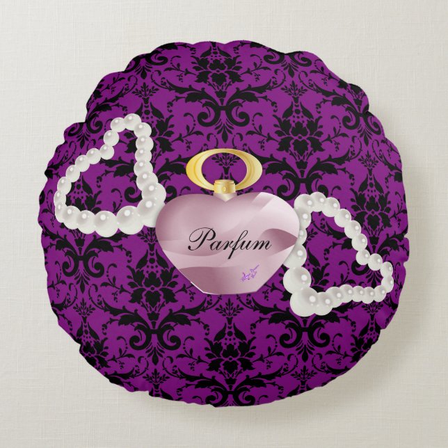 Parfum & Pearls Purple 3 Damask Round Pillow (Front)