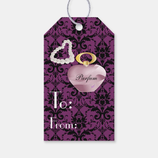 Parfum & Pearls Purple & Black Damask Gift Tag (Front)