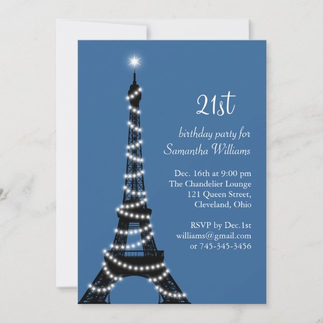 Paris 21st Birthday Invitation in blue (Front)