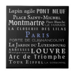 Paris and its landmarks ceramic tile<br><div class="desc">Landmarks of Paris,  France written with vintage typography,  white on black with blue accent. You don't have to be a Francophile to want this great image as part of your decor!</div>