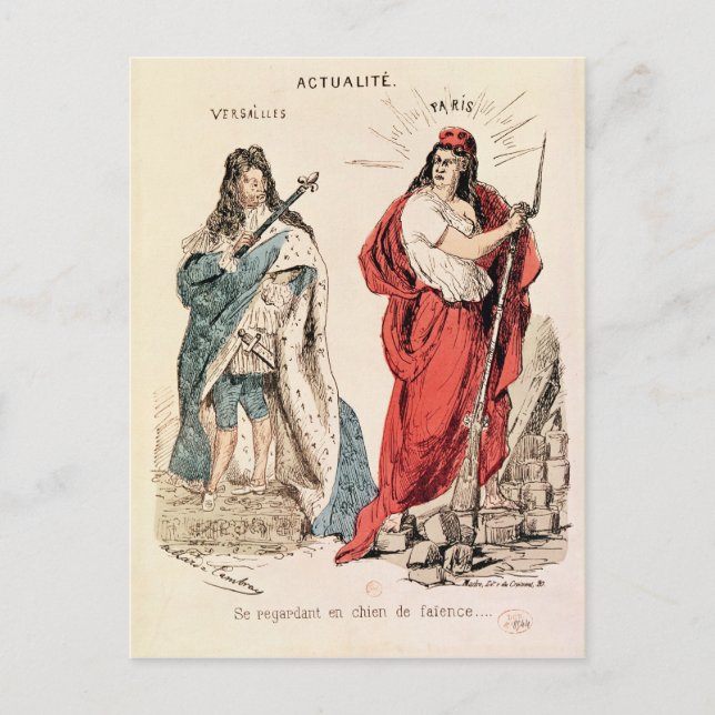 Paris and Versailles Glaring at Each Other, 1871 Postcard (Front)