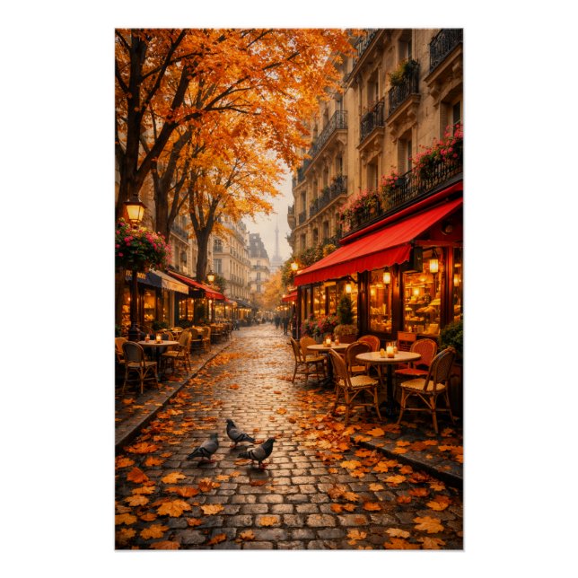 Paris Autumn Café Street – Warm Fall Poster (Front)