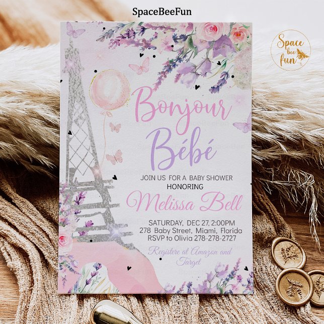 Paris Baby Shower Invitation Bonjour Bebe pink (Paris Baby Shower Invitation Bonjour Bebe Baby Shower Editable Paris Baby Shower Theme Pink purple)