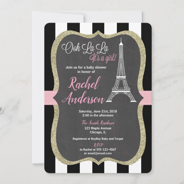 Paris baby shower invitation girl chalkboard pink (Front)