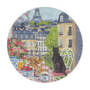Paris Balcony Breakfast Cat Eiffel Tower  Cutting Board