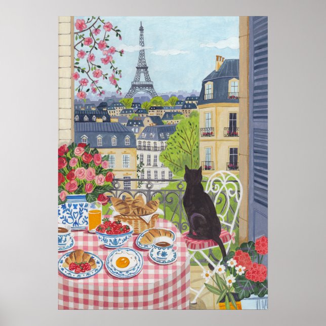 Paris Balcony Breakfast Cat Eiffel Tower View Arts Poster (Front)