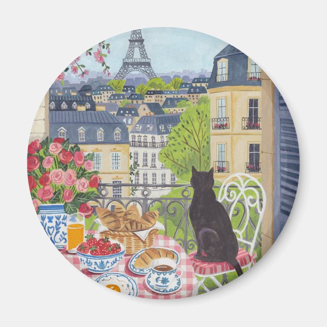 Paris Balcony Cat Breakfast Eiffel Tower Fridge Magnet (Front)