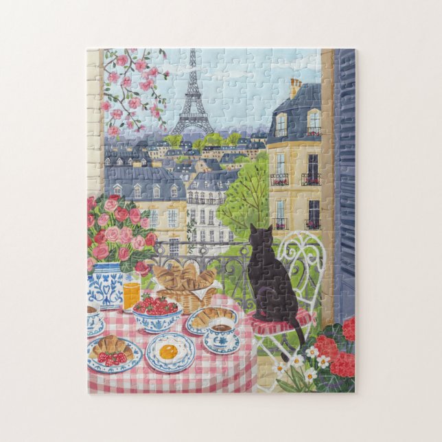 Paris Balcony Cat Breakfast Eiffel Tower Jigsaw Puzzle (Vertical)