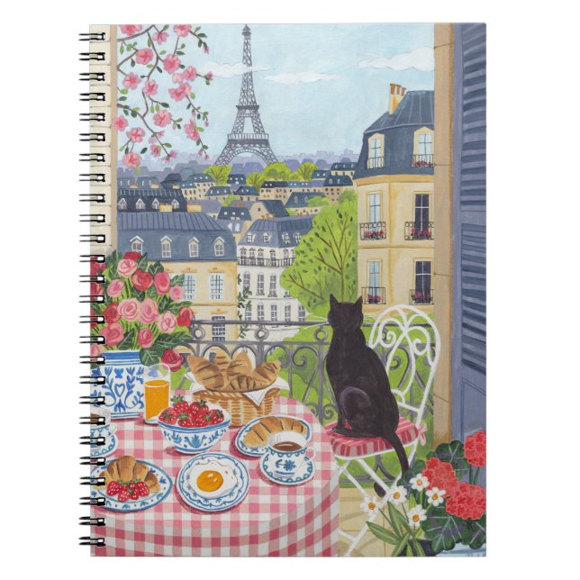 Paris Balcony Cat Breakfast Eiffel Tower Notebook (Front)