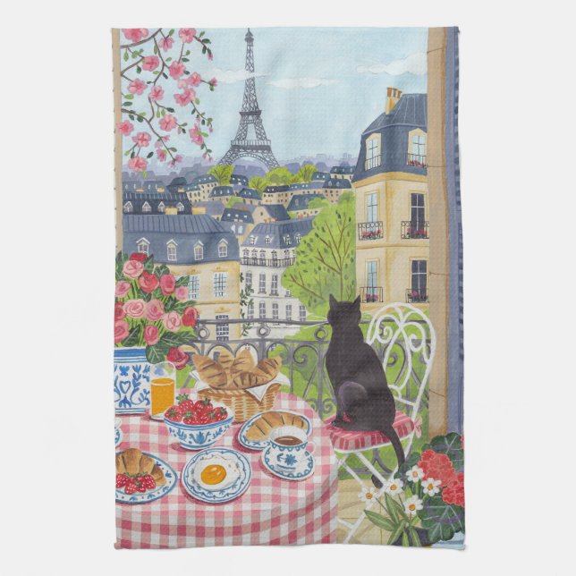 Paris Balcony Cat Breakfast Eiffel Tower Tea Towel (Vertical)