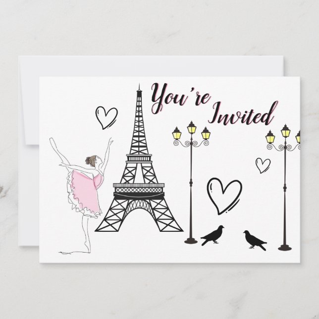 Paris Ballerina and Eiffel Tower Girls Ballet Invitation (Front)