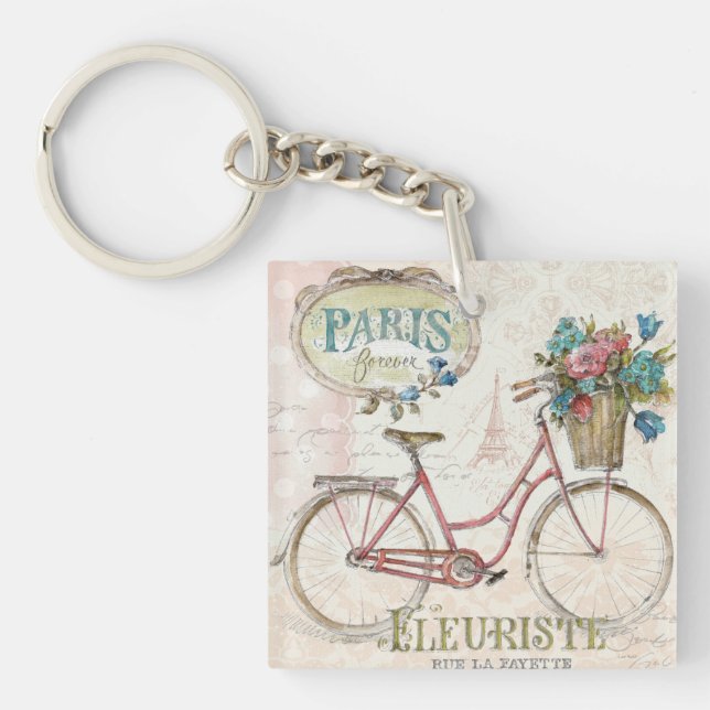 Paris Bike With Flowers In Front Key Ring (Front)