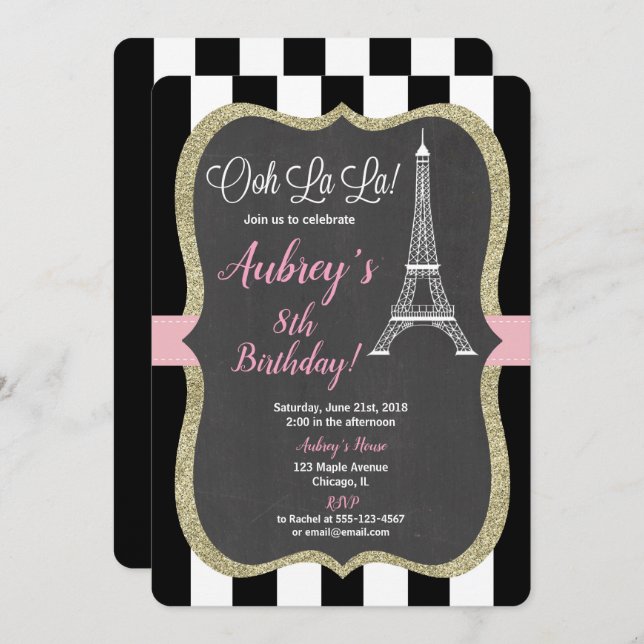 Paris birthday invitation girl pink chalkboard (Front/Back)
