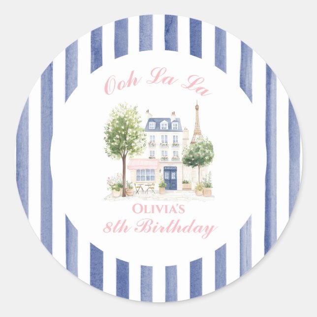 Paris Birthday Parisian Cafe Tea Party Classic Round Sticker (Front)