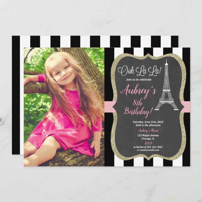 Paris birthday pink gold glitter photo chalkboard invitation (Front/Back)