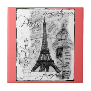 Paris Black & White Eiffel Tower Street Scene Ceramic Tile