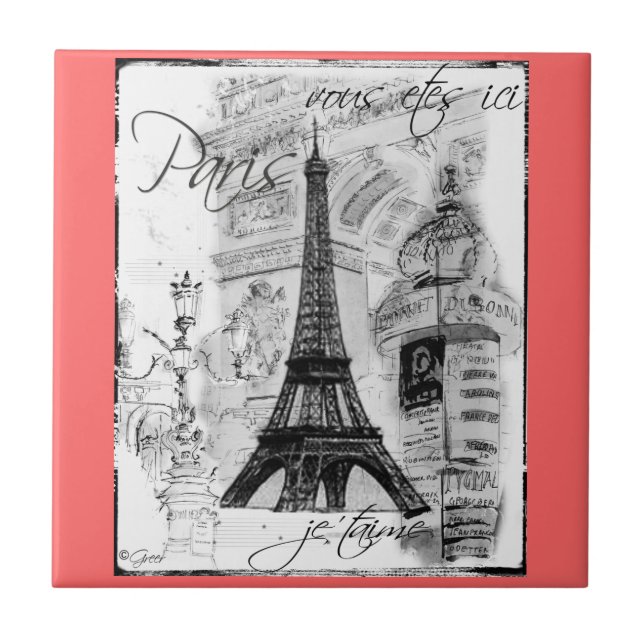 Paris Black & White Eiffel Tower Street Scene Ceramic Tile (Front)