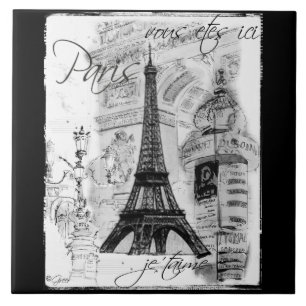 Paris Black & White Eiffel Tower Street Scene Ceramic Tile