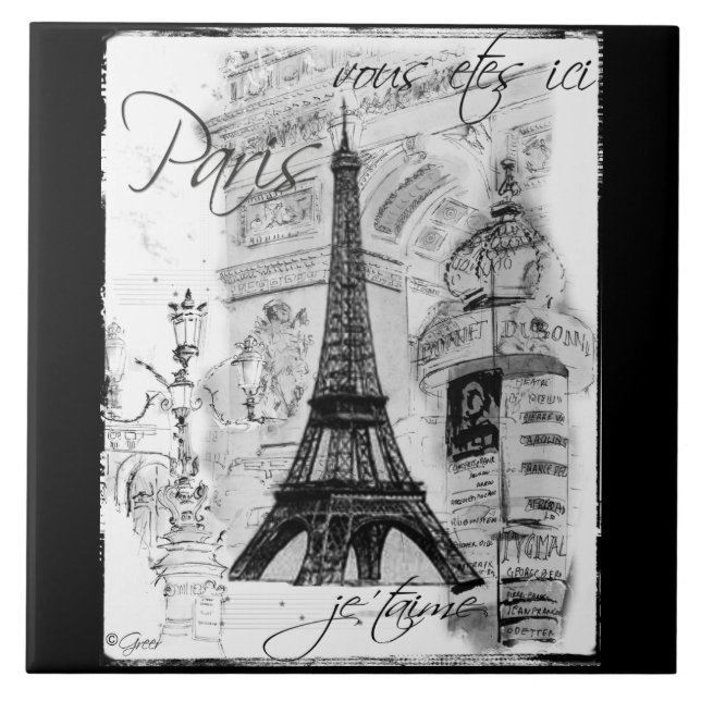 Paris Black & White Eiffel Tower Street Scene Ceramic Tile (Front)