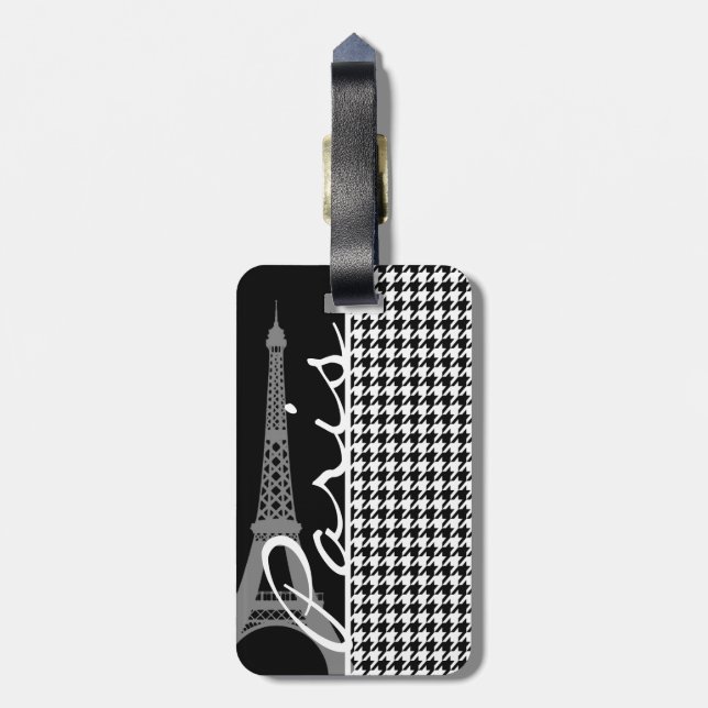 Paris; Black & White Houndstooth Luggage Tag (Back Vertical)