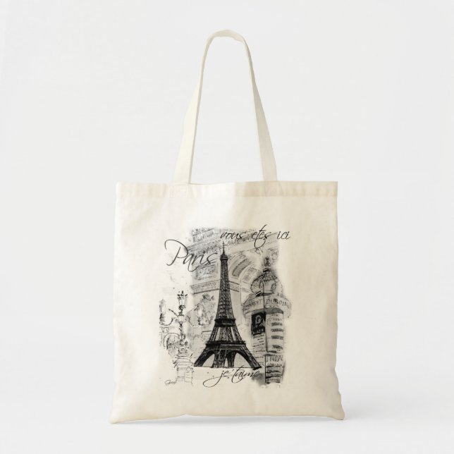 Paris Black & White Street Scene with Eiffel Tower Tote Bag (Front)