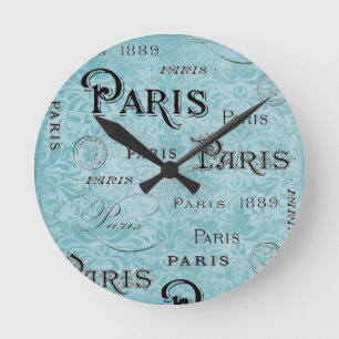 Paris   Blue Damask Round Clock