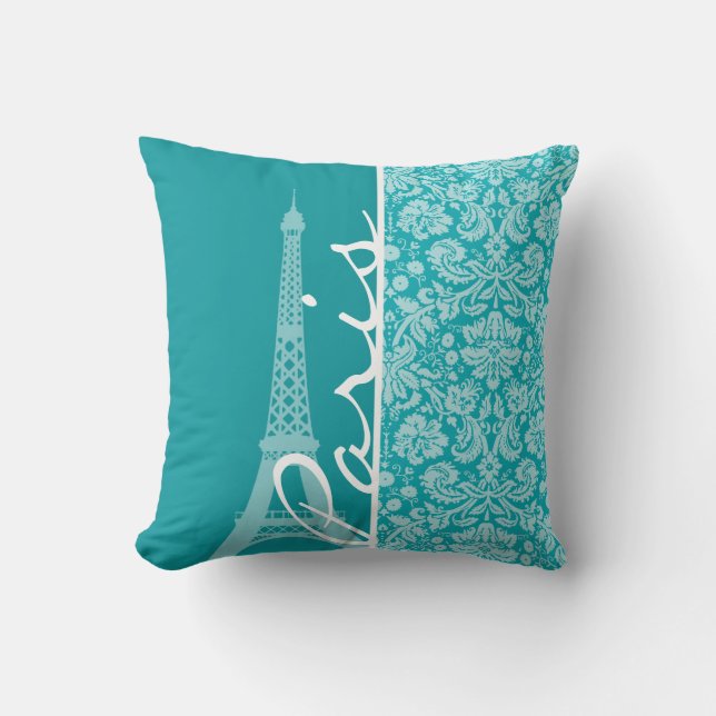 Paris; Blue-Green Damask Pattern Cushion (Front)