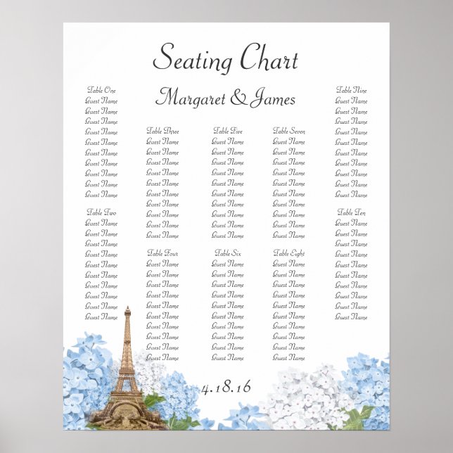 Paris Blue Hydrange Vintage Romantic Seating Chart (Front)