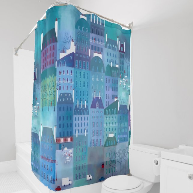 Paris Blue Shower Curtain (Painting of Paris France in blue and green. French cityscape art shower curtain.)