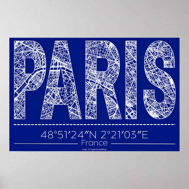 Paris Blueprint Typography Map Poster – Horizontal (Front)
