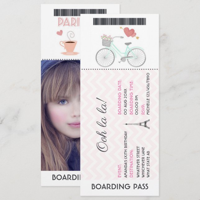 Paris Boarding Pass Birthday add photo Invitation (Front/Back)