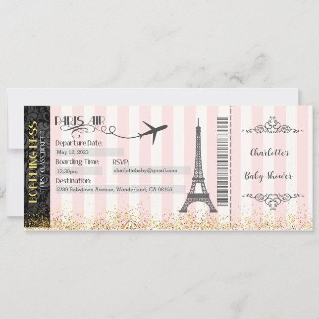 Paris Boarding Pass Invitation, Baby, Bridal Invitation (Front)
