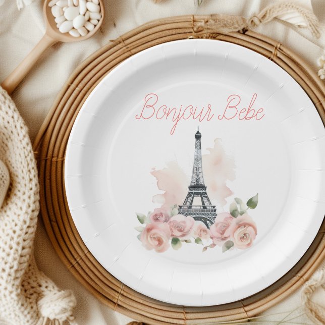 Paris Bonjour Bebe Parisian Floral Baby Shower Paper Plate (Creator Uploaded)