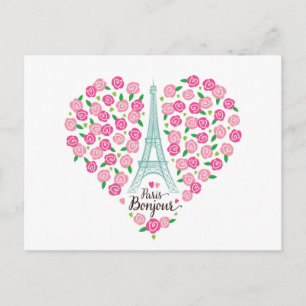 Paris Bonjour Floral Heart Postcard