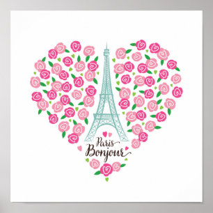 Paris Bonjour Floral Heart Poster