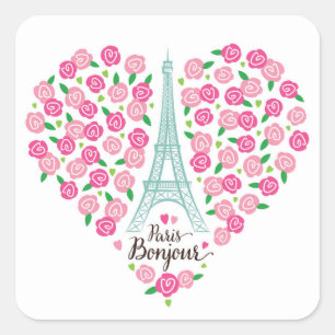 Paris Bonjour Floral Heart Square Sticker