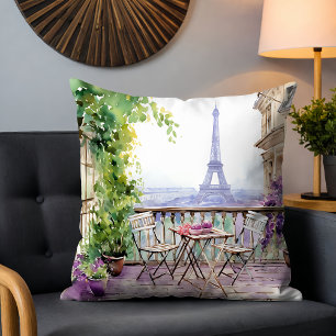 Paris Café Balcony Eiffel Tower Watercolor Cushion