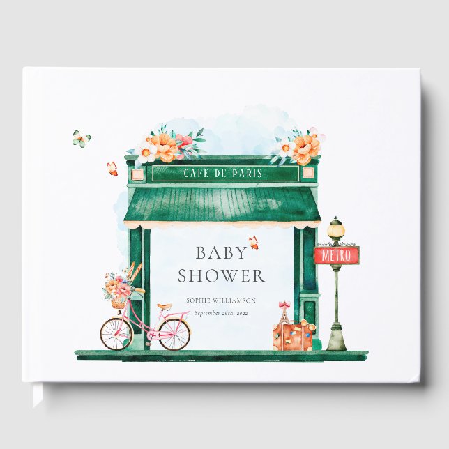 Paris Cafe Boulangerie Watercolor Baby Shower  Guest Book (Front)
