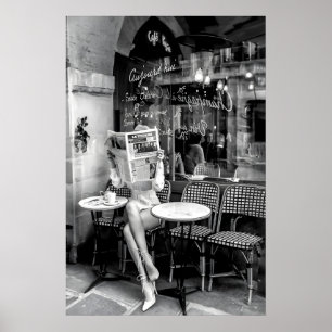 Paris Cafe Print, Woman Reading Newspaper, Black Poster