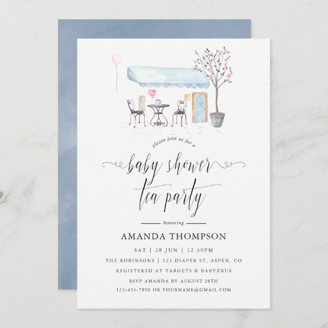 Paris Cafe Watercolor Baby Shower Tea Party Invitation (Front/Back)