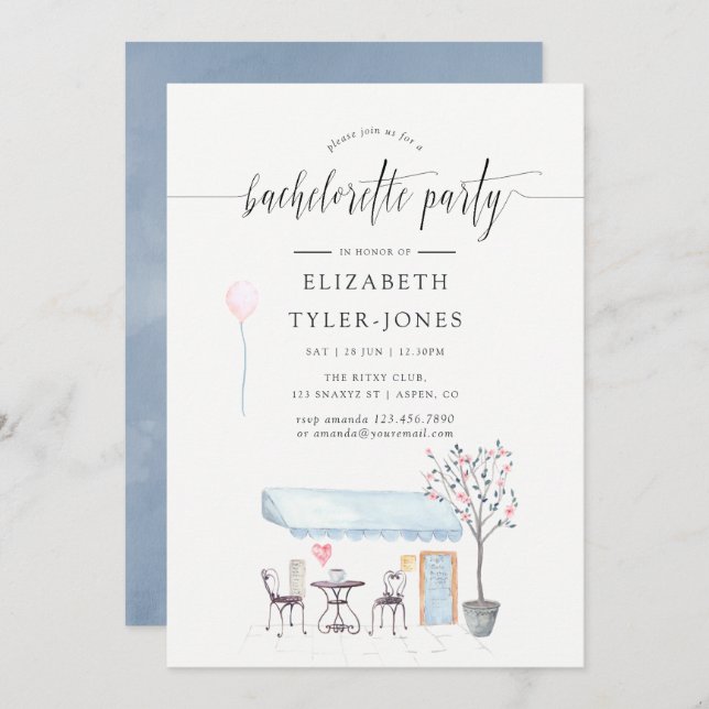 Paris Cafe Watercolor Bachelorette Party Invite (Front/Back)