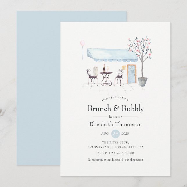 Paris Cafe Watercolor Brunch and Bubbly Invitation (Front/Back)